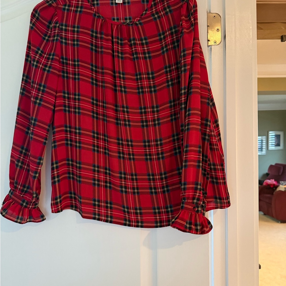 J Crew Red Plaid Long Sleeve Blouse